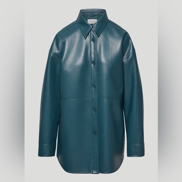 Babaton Aritzia Forest Green Pelli Faux Leather Vegan Button Down Shirt Jacket - Picture 11 of 12